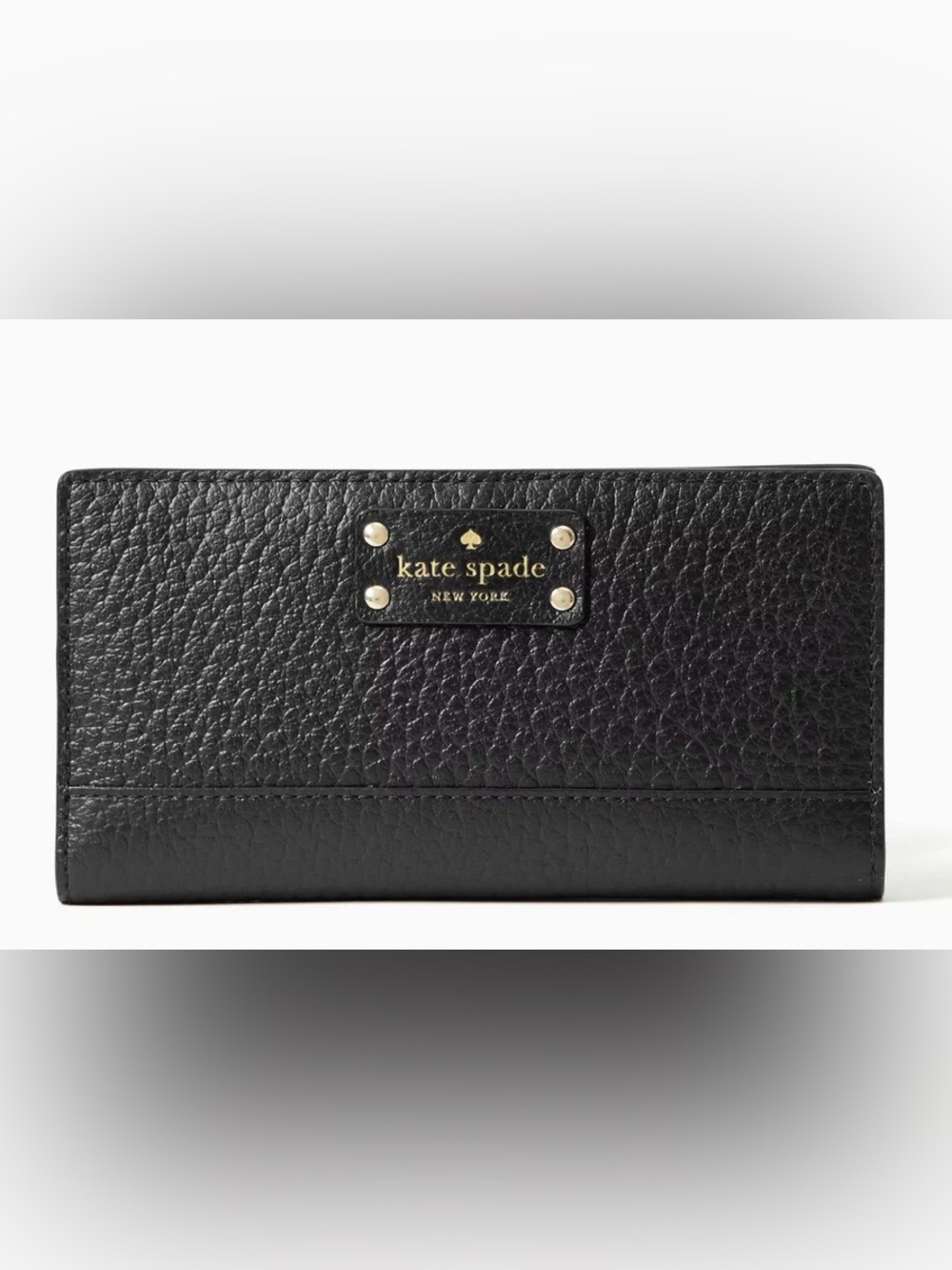 New Kate Spade black pebbled leather Bay Strret Stacy wallet with logo plate